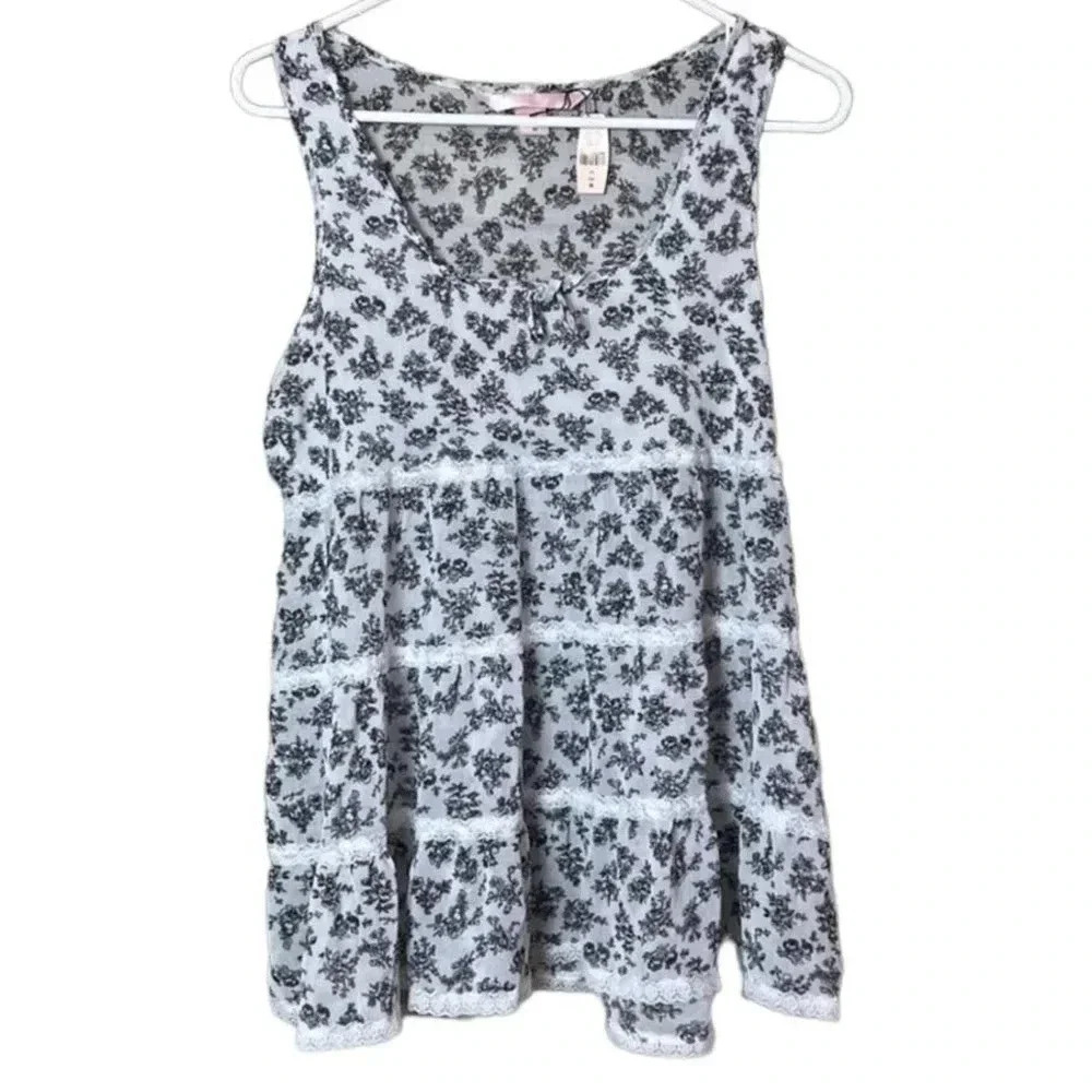 Victoria’s Secret Women's White Tiered Shirred Black Floral Tank Top Medium v6x